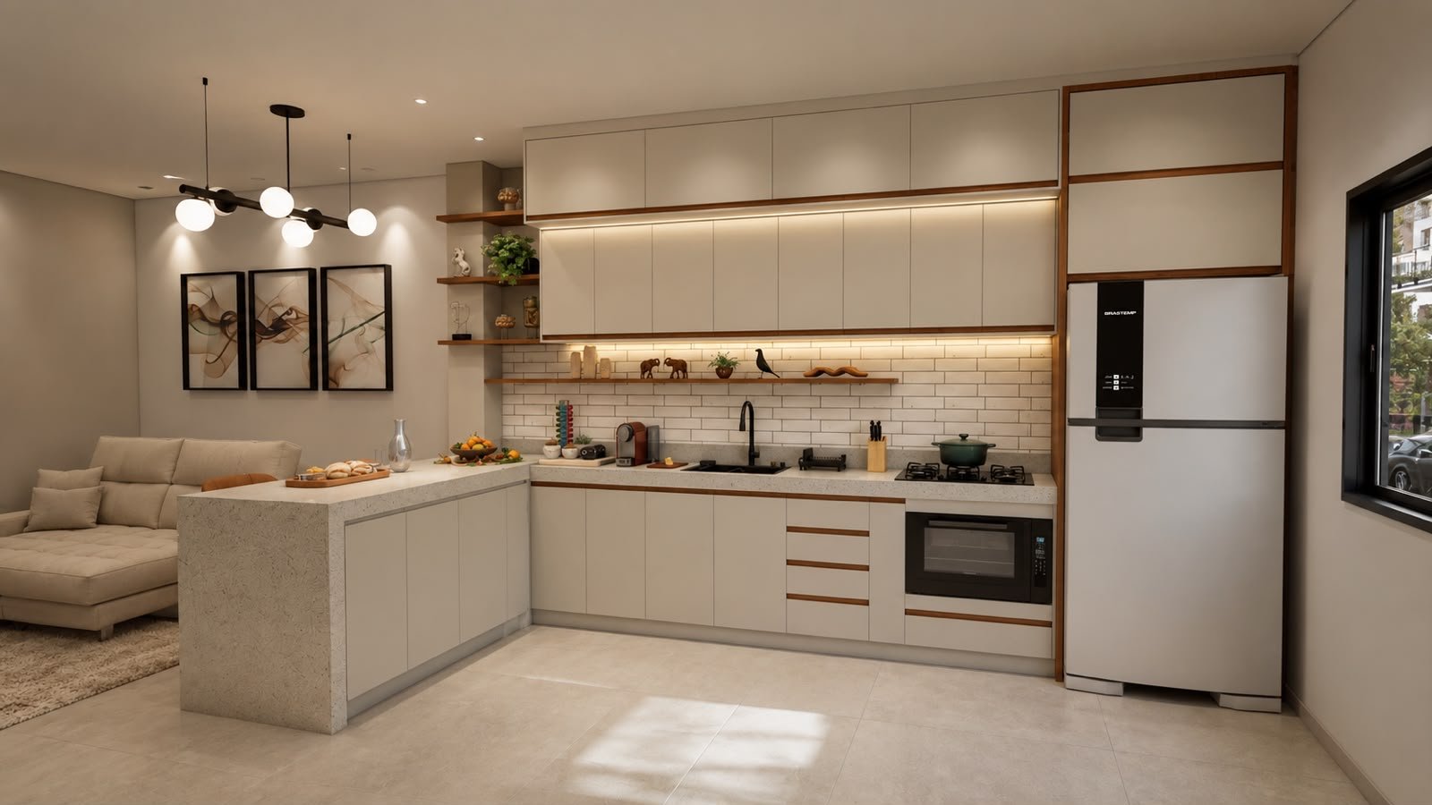 Cozinha planejada em tons neutros com bancada e iluminação sob os armários